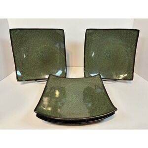Set of 4 Square Reactive Glaze Stoneware Dinner Plates Green and Black‎ Speckled